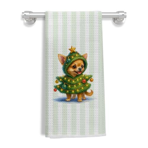 EKGJW Funny Christmas Chihuahua Kitchen Towels, Chihuahua Gifts, Green Striped Christmas Dog Dish Tea Towels for Kitchen, Dog Lover Gifts Decorative Hand Towel for Bathroom, 16x24 Inch