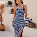 Womens Summer Striped Dress Strapless Side Slit Bodycon Sundress Casual Going Out Dress Beach Vacation Dresses (Blue, S)