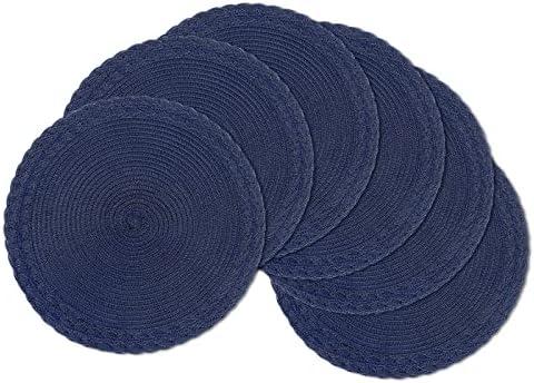 SHACOS Round Placemats Set of 6 Braided Border Fabric Woven Table Mats Washable 15 inch Circle Place Mats for Dining Table, Navy Blue