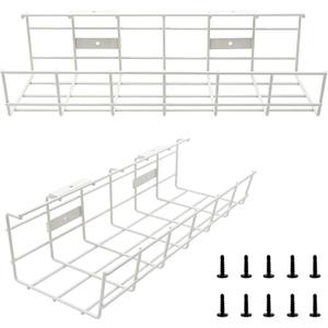 Under Desk Cable Tray - 2 Pack Cable Raceway for Wire Management. Metal Wire Organizer for Office, Studio and Home. Super Sturdy Cord Organizer for Desk - White Cable Management Under Desks