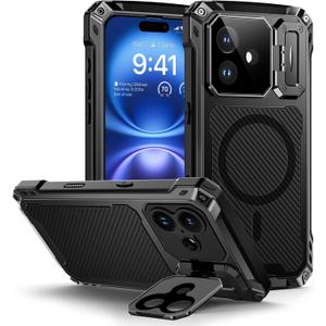 Lanhiem for iPhone 16 Metal Case with Camera Cover & Stand [Compatible with MagSafe] [Built-in Kickstand] [Military-Grade Protection] Heavy Duty Rugged Magnetic Phone Case, Black