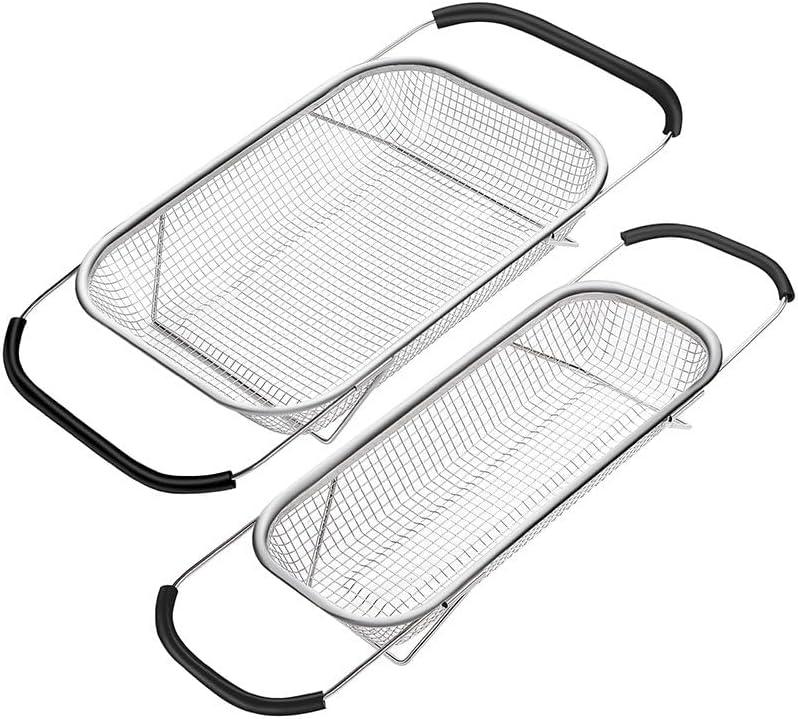Stainless steel drain basket 6 Quart Strainer Basket & Expandable Rubber Grip Handles - Strain, Drain, Rinse Fruits, Wash Vegetables