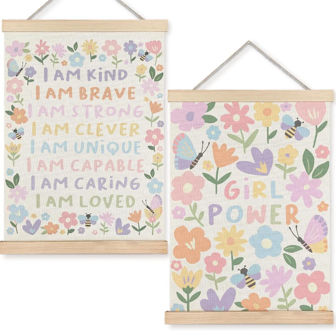 URLLUAE Girls Nursery Wall Decor, Colorful Flower Girly Wall Art With Wooden Poster Hanger, Pastel Floral Inspirational Canvas Prints Posters for Girls Room Nursery Playroom, 12x16 Inch, Set of 2