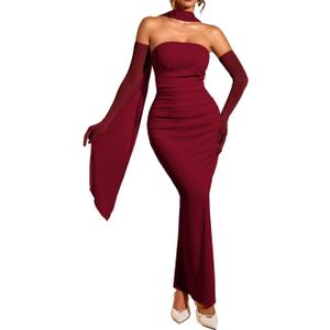 ChiaoLezhee Women's Bodycon Dress with Scarf & Gloves, Tube Ruched Slit Maxi Elegant Dress Set for Evening Party (Red, L)