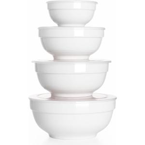 DOWAN Ceramic Bowl Set with Lids, Serving Bowls, Food Storage Container, Porcelain Prep Bowl, Small Mixing Bowls for Kitchen, Microwave & Dishwasher Safe, 64/42/22/12 Ounces, Set of 4, Soft White