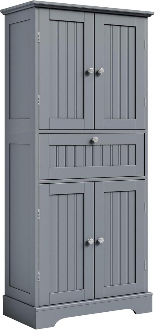 ChooChoo 51" H Tall Bathroom Floor Cabinet, Modern Bathroom Storage Cabinet with Drawer and Adjustable Shelves, Freestanding Kitchen Pantry Cupboard with 4 Doors for Living Room, Grey