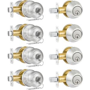 Plustool 4 Pack Exterior Door Lock Set, Satin Nickel Door Knob and Deadbolt Combo Set, Keyed Alike Entry Door Knobs with Lock&Keys, Round Ball Door Locksets with Deadbolt for Entrance and Front Door