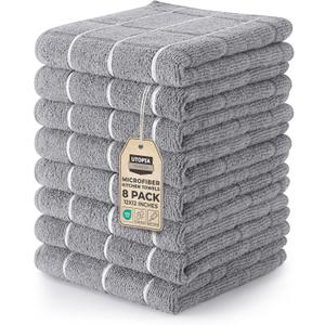 Utopia Towels 8 Pack Kitchen Towels Set, 12x12 Inches, Highly Absorbent and Super Soft Microfiber Towels, Ideal for Cleaning Dishes, Pans, Grey