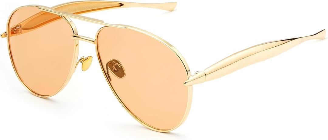 Oversized Aviator Sunglasses for Women Men 70s Trendy Sardine Big Sun Glasses Gold Metal Frame Shades (Gold/Clear Brown)