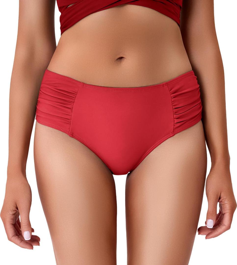 Mid Rise Full Coverage Bikini Bottoms for Women Ruched Bathing Suit Bottoms Red XL