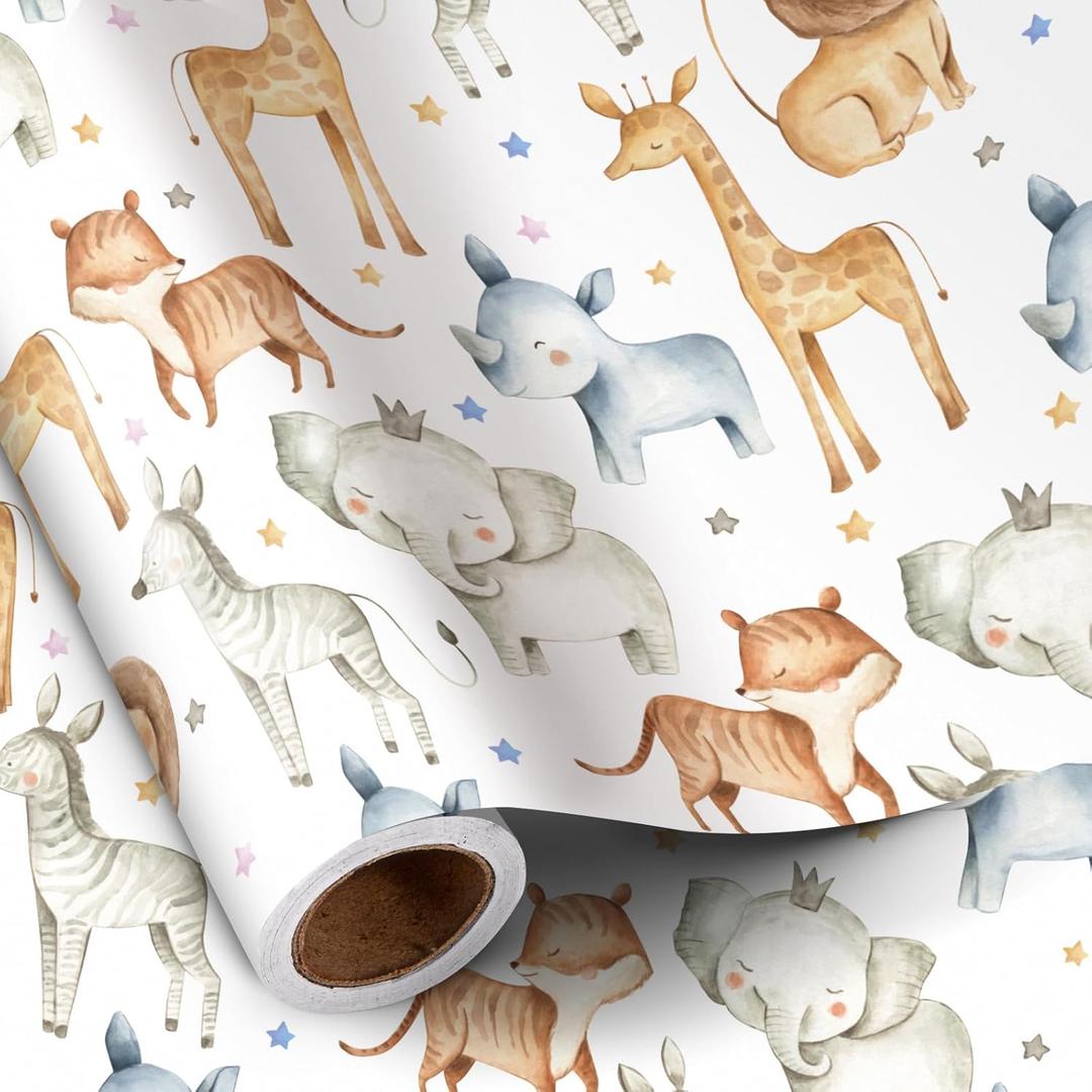 RUSPEPA Jungle Animal Wrapping Paper Roll for Boy Girl, Mini Roll, Cute Safari Design with Elephant Giraffe Zebra Lion Gift Wrap for Kids' Birthday, Baby Shower, Nursery Celebrations, 17 In x 16.4 Ft