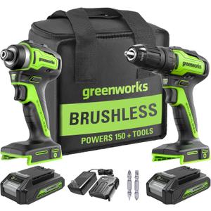 Greenworks 24V Brushless Cordless Drill and Impact Driver,Power Tool Combo Kit Included 1/2Drill & 1/4Hex Impact Driver and (2) Batteries, Fast Charger, 2 pcs Drill Bit Set & Bag