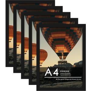 A4 Picture Frame 5 Pack, Classic Black 8.3x11.7 Photo Frame for Horizontal or Vertical Wall Mounting