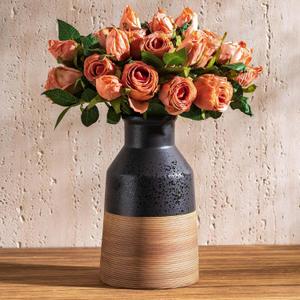 Black and Brown Rustic Farmhouse Floral Ceramic Striped Vase, Modern Antique Decorative Ceramic Flower Vases for Bouquet, Living Room, Bookshelf, Office, Wedding Mother Cottage Core Home Decor 7.7 in
