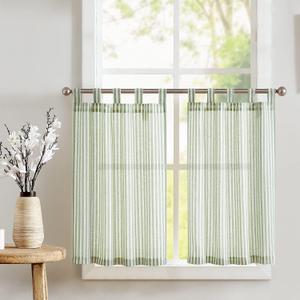 jinchan Tab Top Linen Kitchen Curtains 24 Inches Striped Tier Curtains Farmhouse Modern Cafe Style Small Window Treatments Airy Light Filtering Rod Pocket for Living Room Bathroom 2 Panels Sage Green