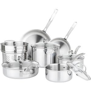 Viking Artisan 3-Ply Stainless Steel 11-Piece Cookware Set with Vented Glass Lids, Fry Pans, Saucepans, Saute Pan, Stock Pot with Strainer Insert, Oven Safe up to 600F