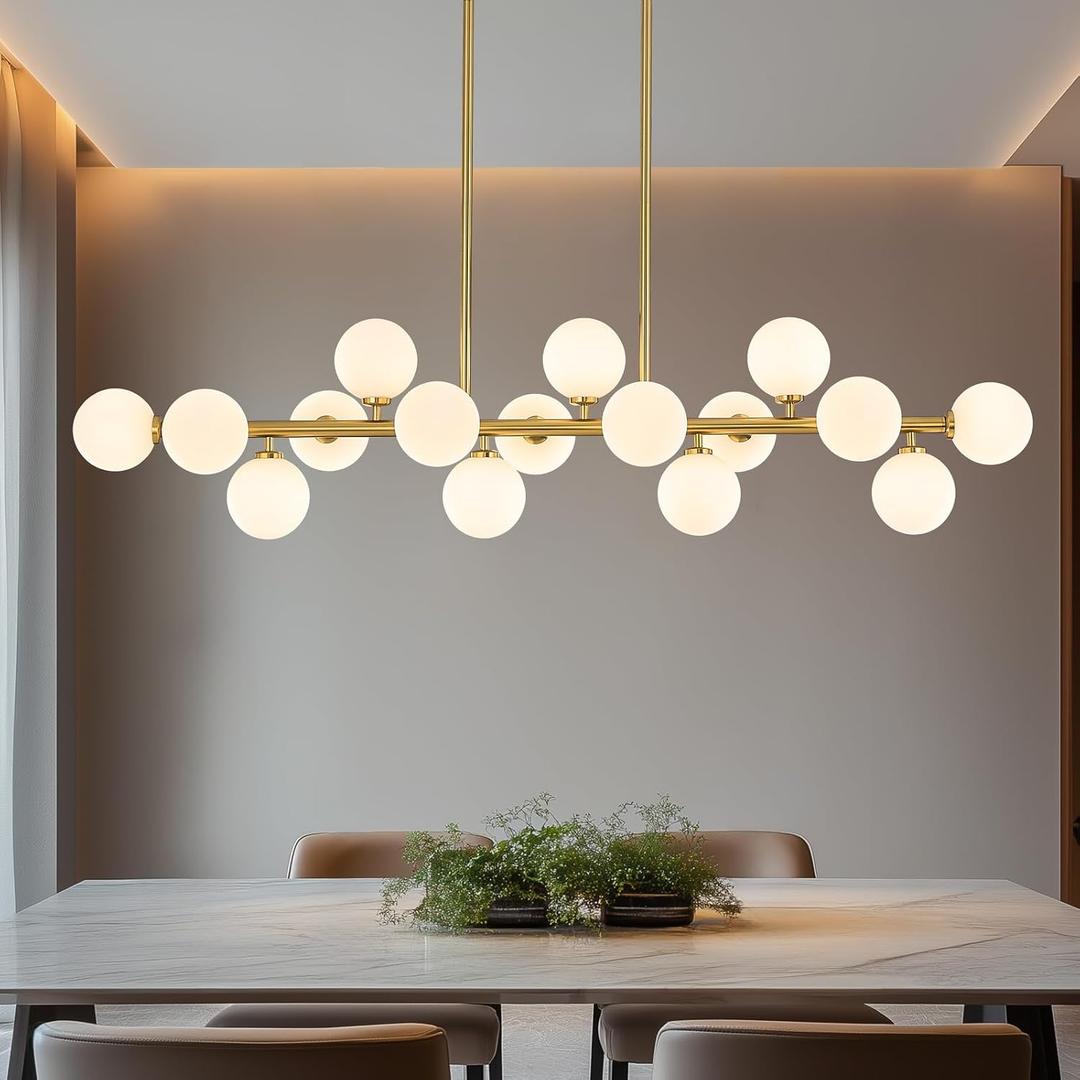 55" Long Brass Gold Chandeliers for Dining Room Kitchen Island, Large Globe Sputnik Linear Chandelier, 16 Lights Mid Century Modern Light Fixture Over Table, Milk White Bubble, GC-08