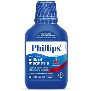 Phillips Milk of Magnesia Liquid Laxative, Wild Cherry Flavor, Stimulant Free, Cramp Free Relief of Occasional Constipation*, Effective in 30 minutes - 6 hours, #1 Milk of Magnesia Brand, 26 oz