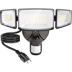 Olafus 42W Motion Sensor Outdoor Light Plug in, Motion Flood Light Dusk to Dawn, 5000LM LED Security Light IP65 Waterproof, Motion Activated 6500K PIR Sensor Lighting for Garage Yard Patio Eave, Brown