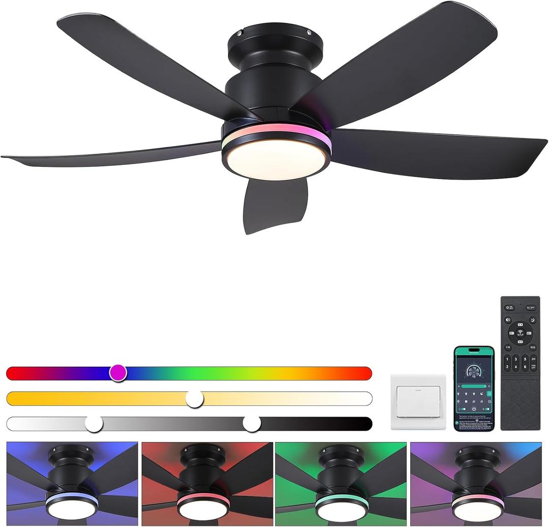 Ceiling Fans with RGB Lights and Remote/APP Control, 41" Low Profile Ceiling Fan with Dimmable White Lights+RGB Ring Lights, 5 Reversible Curved Blades 3 CCT 6 Speeds for Bedroom Living Room, Black