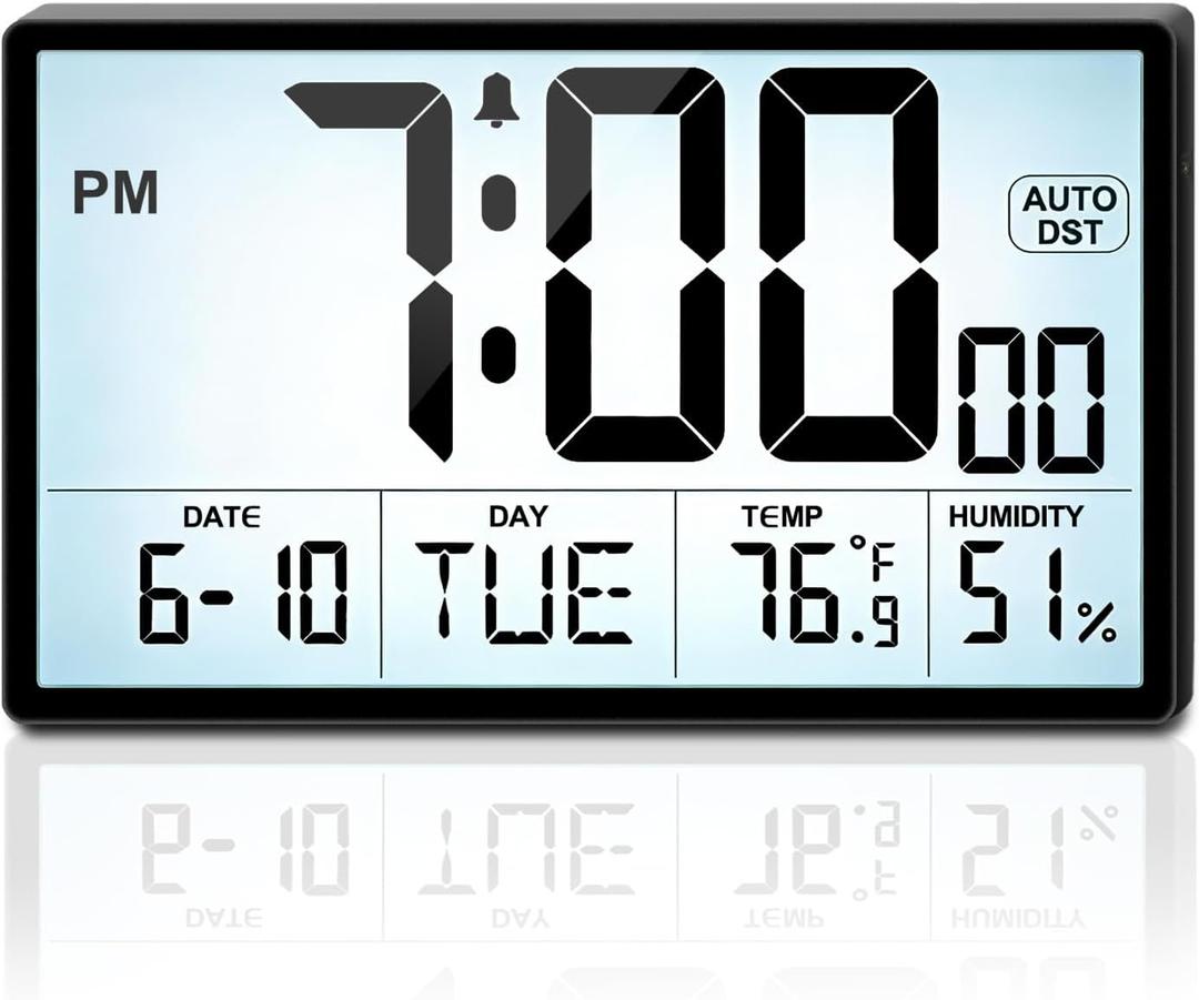 Adjustable Backlight 9'' Narrow Bezel Digital Wall Clock - Dual Power Supply(Batteries / Plug in), Temp/Humidity, Auto DST, Large 2'' Digits, 5-Level Volume Alarm - Wall Mount/Desktop for Home Office