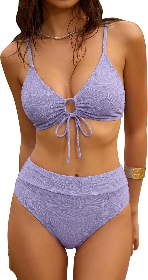 ZAFUL Bikini Sets for Women String 2 Piece Swimsuits High Waisted Bathing Suit V Neck Cut Out Swimwear (Small, Purple)