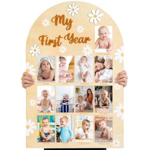 Geelin My First Year Birthday Board First Year Photo Board for Kids Large Wooden Picture Frame Sign 3D Daisy Baby Monthly Milestone Birthday Party Decor Baby Keepsake Gift for Boy Girl, 33 x 22 Inch