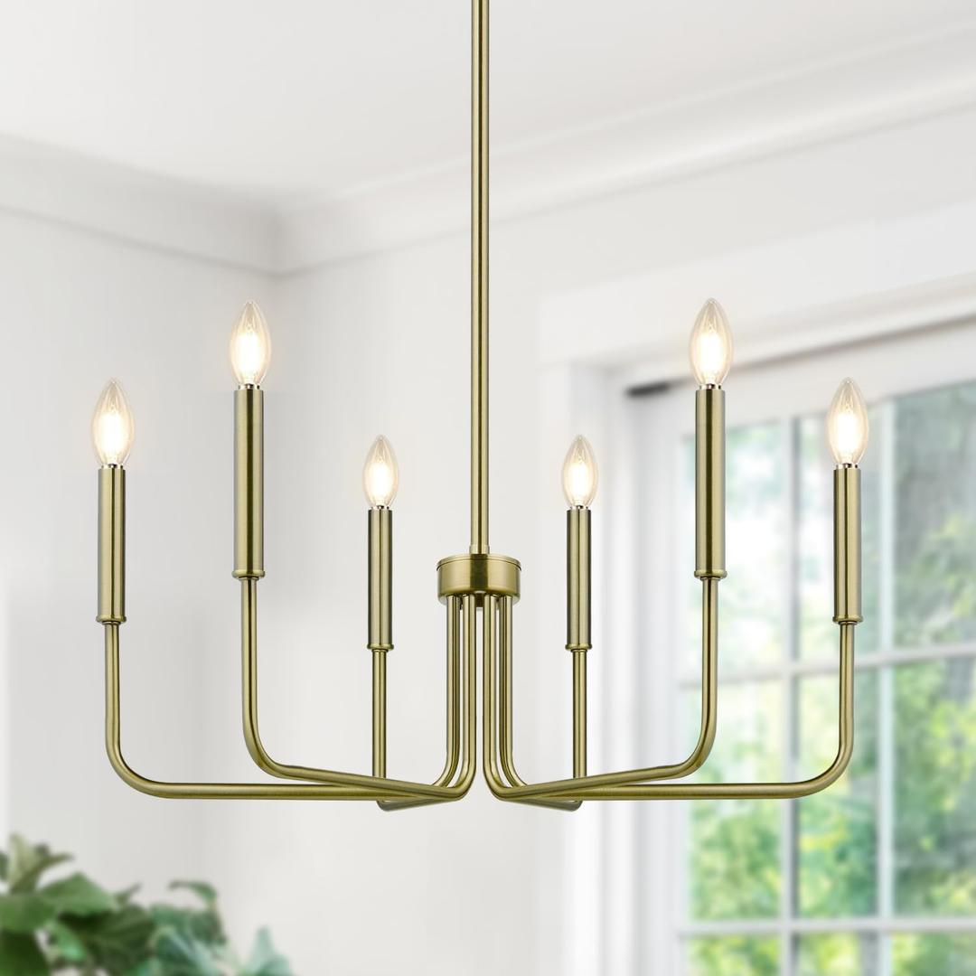 Lynnoland Brass Chandelier, 6-Light Farmhouse Chandeliers for Dining Room Lighting Fixtures Hanging, Vintage Candle Pendant Light Light Fixture for Bedroom, Kitchen, Foyer and Living Room