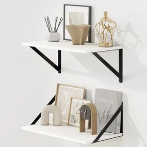 Fun Memories Deep Floating Shelves for Wall, 16W x 8D Wall Mounted Shelves Set of 2, Wide Display Ledge Shelf with Sturdy Metal Brackets for Living Room, Bathroom, Bedroom and Kitchen, White