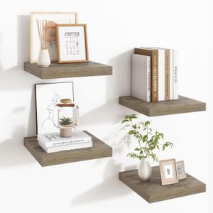 Fun Memories Square Floating Shelves for Wall - 9.3 Inch Deep Floating Shelves with Invisible Brackets, Grey Small Wall Shelf for Living Room, Bathroom, Bedroom, and Kitchen DecorSet of 4