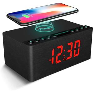ANJANK Wooden Digital Alarm Clock FM Radio,Qi Certified Fast Wireless Charger Station for iPhone/Samsung,Dimmable LED Display,USB Charging Port,Sleep Timer,Wood Modern Clock for Bedroom Bedside(Black)