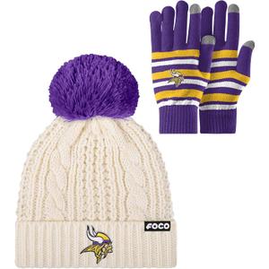 FOCO NFL unisex-adult Nfl Team Logo Adult Stretch Gloves With White Pom Cable Winter Knit Hat Beanie Set (One Size)