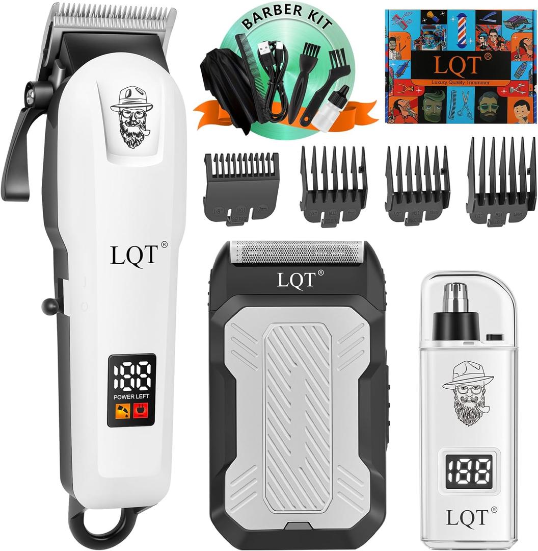 Hair Clippers for Men with LED Power Display, 3-Piece Professional Grooming Kit Includes Hair Clipper, Foil Shaver & Nose Trimmer, Complete Cordless Set for Home Barber Use (White)