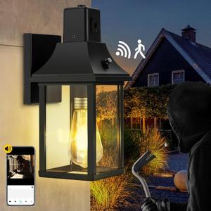 HIHUOS Porch Light with Security Camera Built in Dusk to Dawn Outdoor Lighting - Waterproof Outside Lights Fixture Wall Mount- Exterior Lights for House Garage Front Door (1 pc)