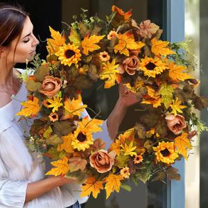 Large Fall Wreath 28 inch Fake Fall Maple Leaves Wreaths with Sunflowers Berries Fall Flower Wreath Decor for Front Door Outside Home Wall Porch Thanksgiving Halloween Party