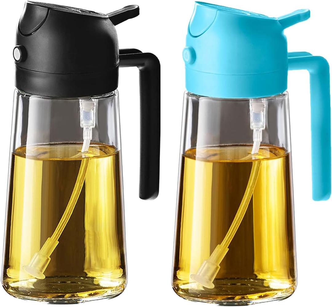 TrendPlain 16oz/470ml Glass Olive Oil Sprayer for Cooking - 2 in 1 Olive Oil Dispenser for Kitchen Gadgets, Air Fryer, Salad, and BBQ - Black & Sky Blue