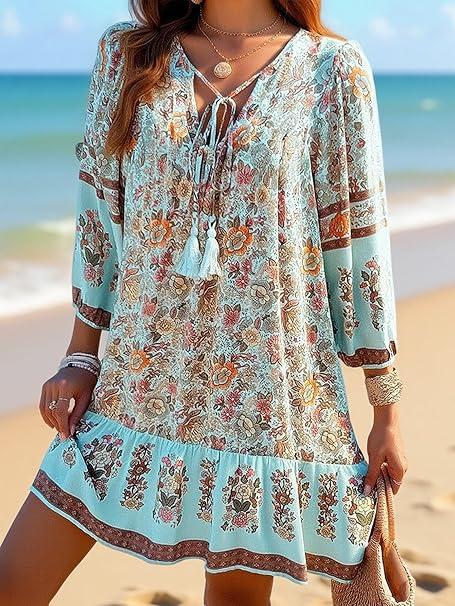 Womens Boho Mini Dress V Neck Flowy Loose Beach Dress Casual Holiday Style 3/4 Sleeve Summer Outfit Blue Large