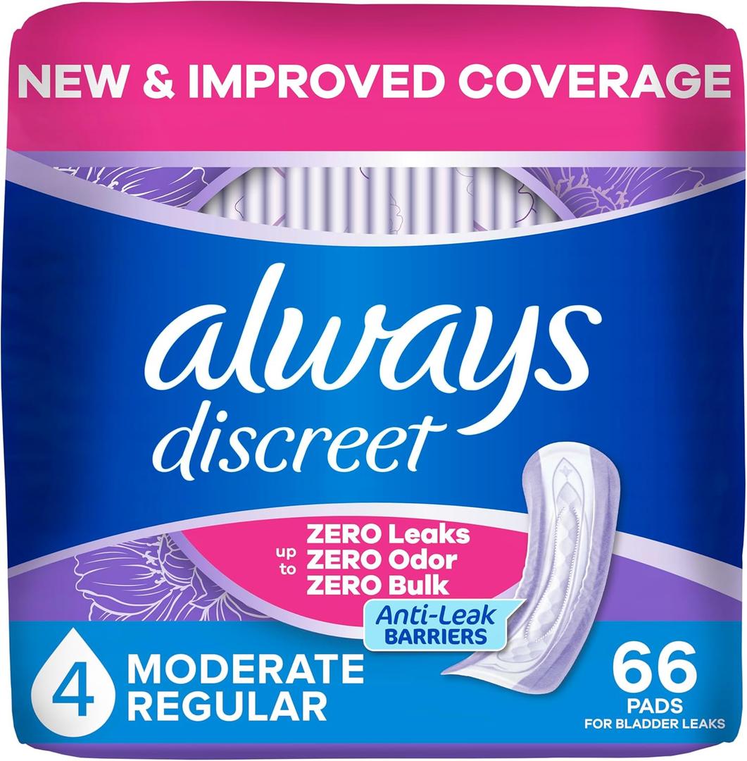 Always Discreet Adult Incontinence Pads for Women, Drier, 4 Drop Regular Length, Moderate Absorbency, Pads for Bladder Control Management, Bladder Leaks, & Postpartum Pads, 66ct