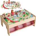 Garvee 2-in-1 Wooden Train & Reading Table Set, 92 Piece with 3 Storage Bins, Railway Tracks, City Theme Accessories, Multi-Purpose Toddler Activity Table for Boys & Girls Ages 3+