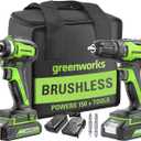 Greenworks 24V Brushless Cordless Drill and Impact Driver,Power Tool Combo Kit Included 1/2Drill & 1/4Hex Impact Driver and (2) Batteries, Fast Charger, 2 pcs Drill Bit Set & Bag