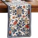 patdrea Designer Blue Cottage Rustic Floral Patterned Linen Table Runner 87 Inch Long,Wrinkle Resistant Table Mat,Decoration for Kitchen Dining and Coffee Tables Banquet Christmas , 12"x87"