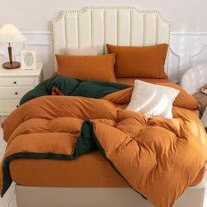 PURE ERA Jersey Knit Duvet Cover Set 100% T-Shirt Cotton Super Soft Comfy 3pc Bedding Set with Zipper Closure (Solid Forest Green/Burnt Orange, Queen)