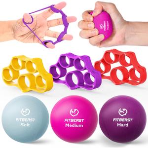 FitBeast Grip Strength Trainer  6 Pieces Hand Therapy Kit with Finger Extension Exerciser & Stress Balls for Adults, Rehab & Strength Training  for Men, Women, and Seniors