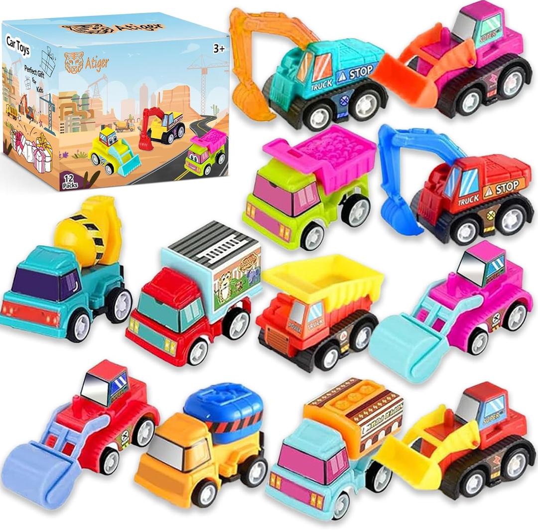 Car Toys for Ages 3-5 Kids, 12pcs Pull Back Cars Truck Vehicles Set for Boys Girls, Mini Assorted Construction Vehicle Toy Party Favors, Potty Training Reward for Kids