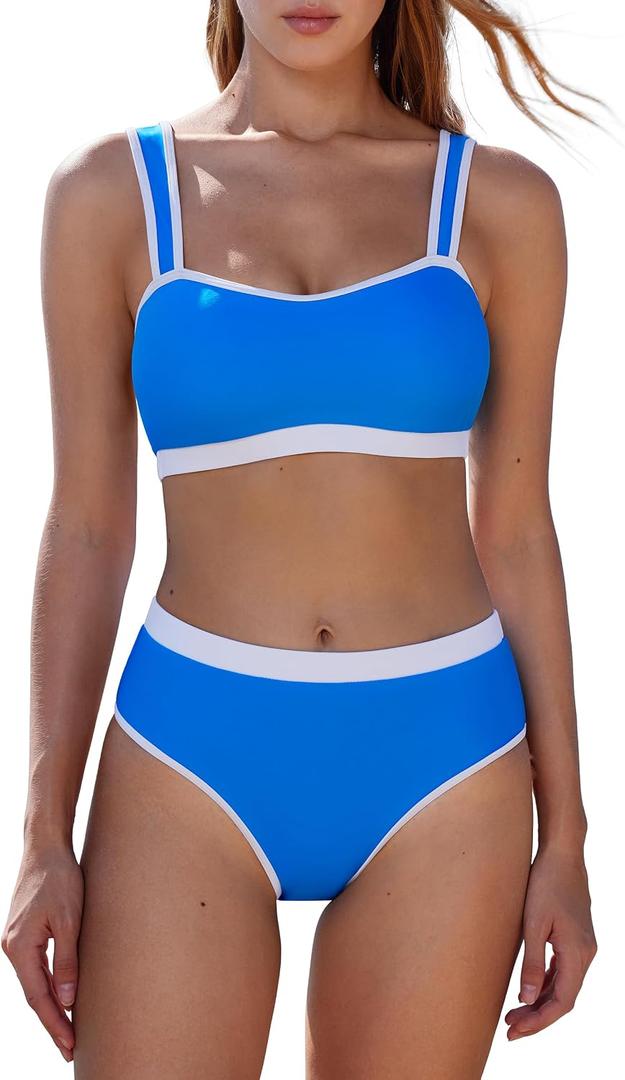 MOOSLOVER Women Bandeau High Waisted Bikini Sets Cheeky High Cut Swimsuit 2 Piece Bathing Suits (Blue, L)
