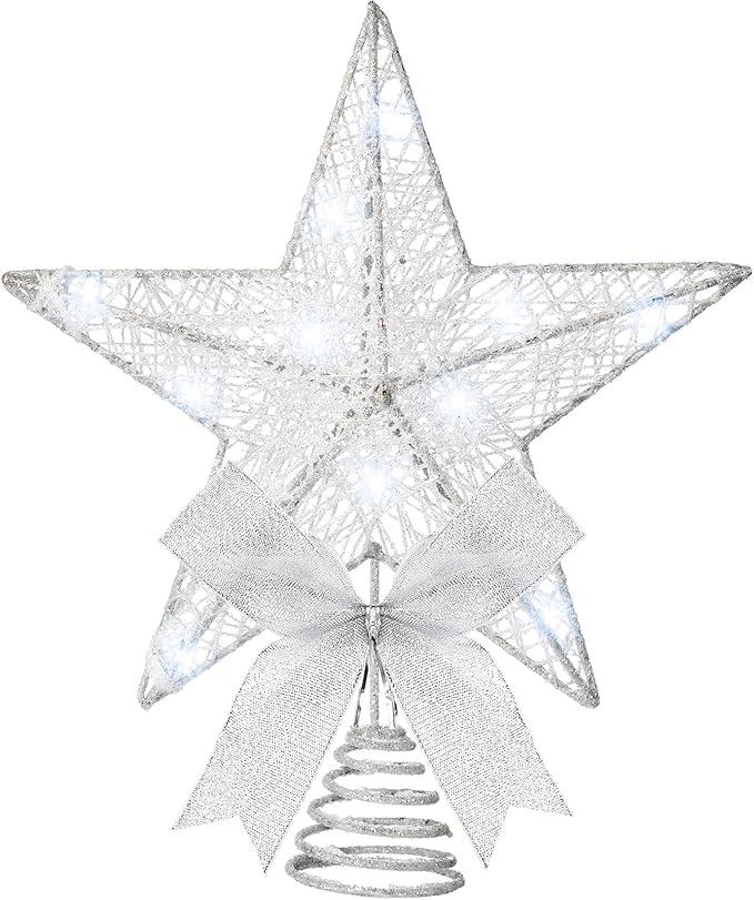 Sumind 9.8 x 11.8 Inch Christmas Star Tree Topper Glittered Star Metal Plug in Treetop Ornaments with Bow and 30 LED String Light for Christmas Tree Indoor Holiday Party Decoration(White)
