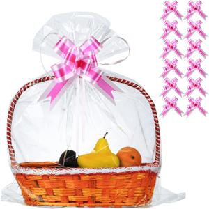 30 Packs 32 x 40 Inches Extra-large Gift Wrap Cellophane Bags for Basket Jumbo Clear Cellophane Wraps Clear Huge Cello Bags for Basket, Gift, Christmas Tree, Art and Craft, 30ct Rose Pink Ribbon Bows