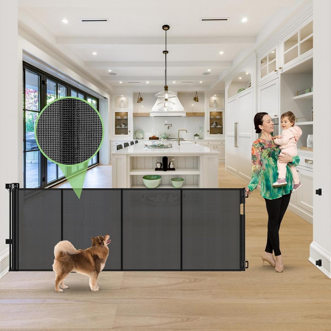 Reinforced 120 Inch Retractable Baby Gates Extra Wide Dog Gate with Support Rods Prevent Crawling Under, 10 Feet Extra Long Baby Gates for Large Openings, Indoor/Outdoor Retractable Dog Gate, Black