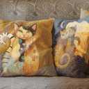 Abstract Cat Linen Throw Pillow Case, 22 x 22 Inch Set of 4, Gifts for Cat Lover, Funny Cat Pillow, Children Room Decoration, Cat Owners Gifts, Cat Theme Room Decor, Cushion Cover for Sofa Couch Bed.