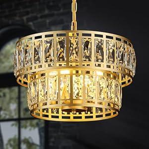 Tunkayli 16" Gold Crystal Chandelier 4-Light Modern Round Glass Pendant Ceiling Light Fixture 2-Tier Luxury K9 Crystal Chandeliers for Dining Room, Kitchen Island, Living Room Bedroom